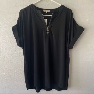 Joie De Vivre Black Blouse Women’s Size 2X Front Zip Short Sleeve Shirt NEW